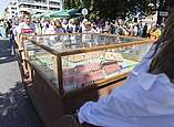 Festzug: Modell in Glaskasten wird gezogen